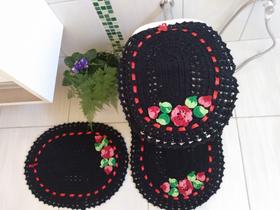Tapetes jogo de banheiro 3 pç em crochê decoração preto