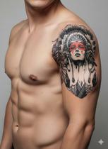 Tatuagem Temporária Braço Índia com Cocar Realista Preto e Vermelho 19x12cm Tattoo Masculina Tatuagem Temporária Braço Índia com Cocar Realista Preto e Vermelho 19x12cm Tattoo Masculina