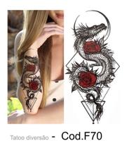 Tatuagem Temporária Feminina Dragão Com Flor, Lua E Triglo - 10x20cm - Tattoo Happy