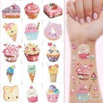 Tatuagens Temporárias Para Meninas Com Glitter De Sorvete, Donuts E Bolos - 10 Folhas De Doces De