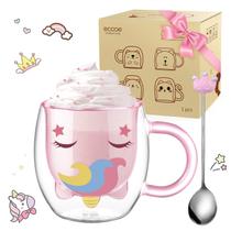Taza de Vidrio de Doble Pared ecooe 280ml Unicornio con Cuchara Taza de Vidrio de Doble Pared ecooe 280ml Unicornio con Cuchara