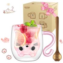 Taza de Vidrio de Doble Pared ecooe con Doble Pared de Gato 290ml con Cuchara Taza de Vidrio de Doble Pared ecooe con Doble Pared de Gato 290ml con Cuchara