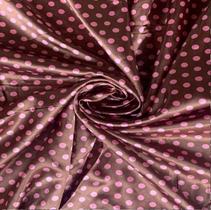 Tecido Cetim Estampado Poá Bolinh Rosa + Fundo Marrom 1,5x1m
