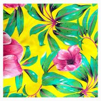 Tecido chitão 100% poliéster 1.50mts/larg amarelo c/flores rosa metro Tecido chitão 100% poliéster 1.50mts/larg amarelo c/flores rosa metro