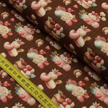Tecido Estampado para Patchwork - Amor De Cupcakes : Cupcakes e Docinhos Marrom (0,50x1,40) - Fabricart
