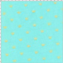 Tecido Estampado para Patchwork - Coroa Dourada Fundo Azul Turquesa Cor 01 (0,50x1,40)