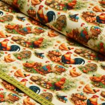 Tecido Estampado Para Patchwork - Country Life : Galos Amarelos com Fundo Branco (0,50x1,50)