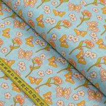Tecido Estampado para Patchwork - Crisântemos : Borboleta Fundo Azul Claro (0,50x1,40)