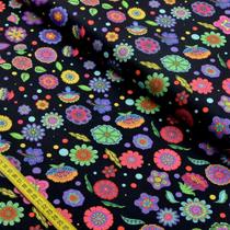 Tecido Estampado para Patchwork - Flowers by Marina Landi: Fundo Preto ML003 (0,50x1,50) Tecido Estampado para Patchwork - Flowers by Marina Landi: Fundo Preto ML003 (0,50x1,50)