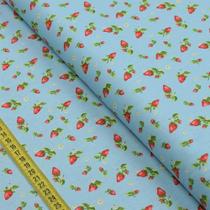 Tecido Estampado para Patchwork - Fresa : Morango com Flores Fundo Azul Claro (0,50x1,40)