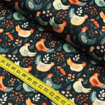 Tecido Estampado Para Patchwork - Galinhas no Jardim : Galinhas Marinho (0,50x1,50)