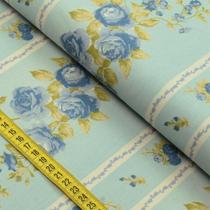 Tecido Estampado para Patchwork - I Love Roses by MC Design : Barrado de Rosas Azul (0,50x1,40)