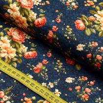 Tecido Estampado para Patchwork - Jardim De Rosas : Rosas Com Fundo Azul (0,50x1,50)