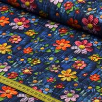 Tecido Estampado para Patchwork - Jeans Florido : Floral Xadrez (0,50x1,50)