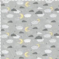 Tecido Estampado para Patchwork - Mundo dos Sonhos Meia Lua e Nuvens Fundo Cinza (0,50x1,40)