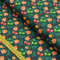 Tecido Estampado para Patchwork - Natal 01 : Enfeites Natalinos Fundo Verde (0,50x1,40) Tecido Estampado para Patchwork - Natal 01 : Enfeites Natalinos Fundo Verde (0,50x1,40)
