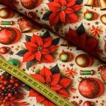 Tecido Estampado para Patchwork - Natal : Bolas e Poinsetia (0,50x1,50)