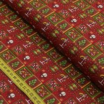 Tecido Estampado para Patchwork - Natal : Boneco de Neve Fundo Vermelho (0,50x1,40)