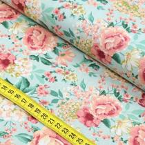 Tecido Estampado para Patchwork - Nordic Spring : Floral Grande Fundo Verde (0,50X1,40)