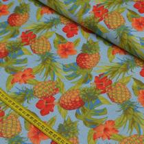 Tecido Estampado para Patchwork - Paradise: Abacaxi c/ Hibisco Fundo Azul Claro (0,50x1,50)