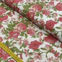 Tecido Estampado para Patchwork - Roses In Bloom: Rosas Bege Com Bordô Fundo Branco (0,50x1,50)