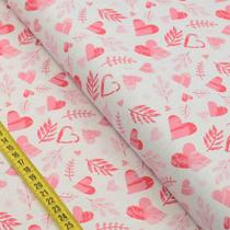 Tecido Estampado para Patchwork - Valentine : Coração com Folhagem Rosa (0,50X1,40)