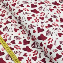 Tecido Estampado para Patchwork - Valentine : Coração com Folhagem Vermelho (0,50X1,40)