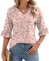 Tecido feminino Top LOMON de verão com ilhós florais de manga 3/4 Tecido feminino Top LOMON de verão com ilhós florais de manga 3/4