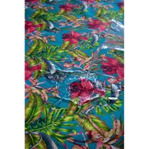 Tecido Impermeável Acqua Linea Hibiscus Vermelho Fundo Turquesa - 1,40m de Largura