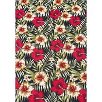 Tecido Jacquard Estampado Hibisco Vermelho Fundo Preto - 1,40m de Largura Tecido Jacquard Estampado Hibisco Vermelho Fundo Preto - 1,40m de Largura