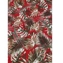 Tecido Jacquard Estampado Tropical Folhagem Bege fundo Vermelho - 1,40m de Largura
