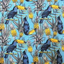 Tecido Jacquard Tucano e Abacaxi Fundo Azul Turquesa - 1,40m de Largura