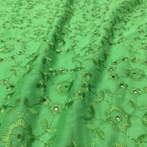 Tecido Lese Bordada Verde Estampa Florescer 1,35x1,00m 100% Algodão Laise