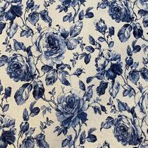 Tecido Linho Estampado Rosas Azul - 1,50m de Largura Tecido Linho Estampado Rosas Azul - 1,50m de Largura
