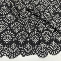 Tecido Linho Natural Bordado Preto Arabescos 1,30m Para Vestidos Femininos e Saia