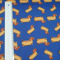 Tecido Micro Pet Azul com Cachorros Salsicha 50cm x 1,50m