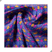 Tecido Poliéster Estampado Jacquard Festa Junina Flores e Bandeirinhas Azul - 1,40m