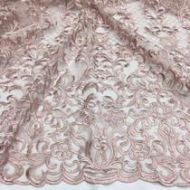Tecido Renda Tule Bordado Arabesco Rosê