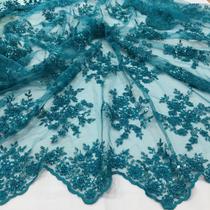 Tecido Renda Tule Bordado Em Pedrarias Azul Turquesa