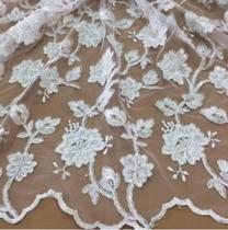Tecido Renda Tule Bordado Em Pedrarias Floral Branco Inteiro - Livia Tecidos