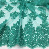 Tecido Renda Tule Bordado Floral Verde Jade MT - Livia Tecidos