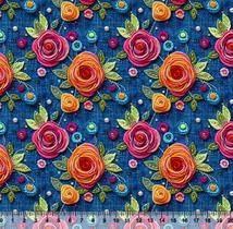 Tecido Sarja Impermeável Flores Perola Jeans 3D