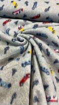 Tecido Soft estampado com carrinhos fundo cinza claro (0,50cm x 1,60mts)