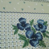 Tecido Toalha Mesa Linhão Bege, Flores Marinho 50cm x 1,50m