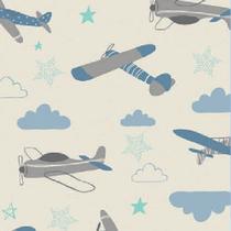 Tecido Tricoline Aviões e Nuvens Azul - Ibirapuera - 50 x 150 cm - Ideal para Artesanato e Patchwork