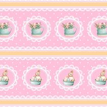 Tecido Tricoline Barrado Coelhinho e Chaleira de Flores - Coelho Páscoa - Peripan - 50 x 150 cm