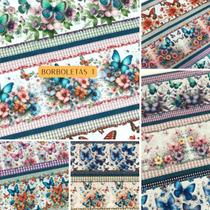 Tecido Tricoline Barrado Digital Borboletas Artesanato e Costura Criativa