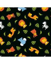 Tecido Tricoline Bichos Safári Fundo Preto - 50 x 150 cm