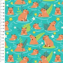 Tecido Tricoline Capivara Fundo Tiffany com Folhas - Meia Tigela 1mt x 1,50mt Tecido Tricoline Capivara Fundo Tiffany com Folhas - Meia Tigela 1mt x 1,50mt