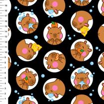 Tecido Tricoline Capivara Patinho Bola Fundo Preto - Meia Tigela